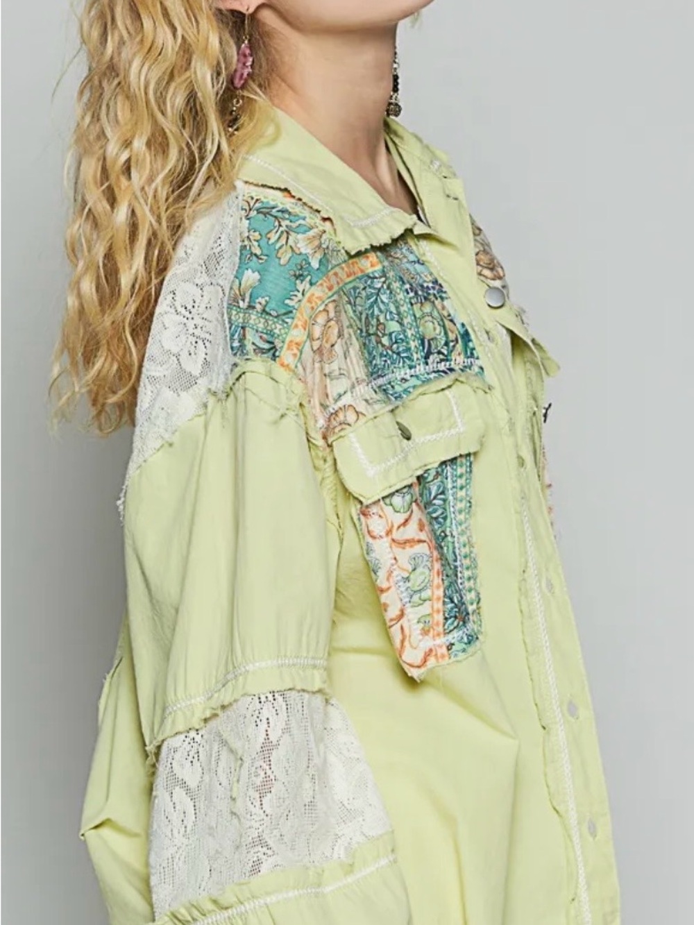 New Pol Sunwashed Patchwork Button Down Cotton Shirt - Picture 2 of 4